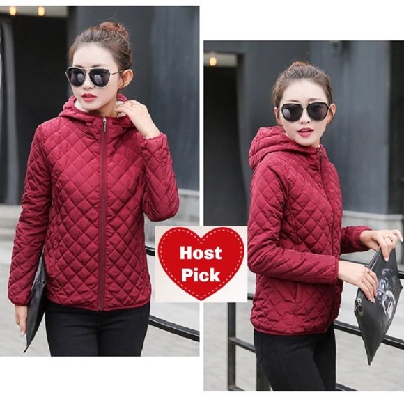Quilted Hooded Sherpa Jacket - Burgundy - Warm but Light Jacket - Picture 1 of 5